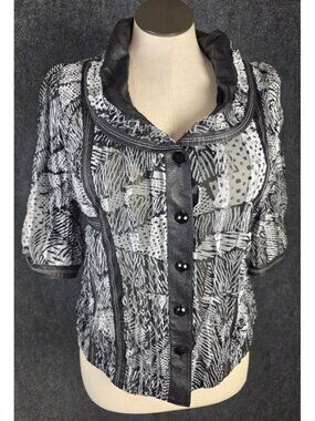 Picadilly Fashions Black & White Button-Up Top With Sheer Patterned Fabric & Fau